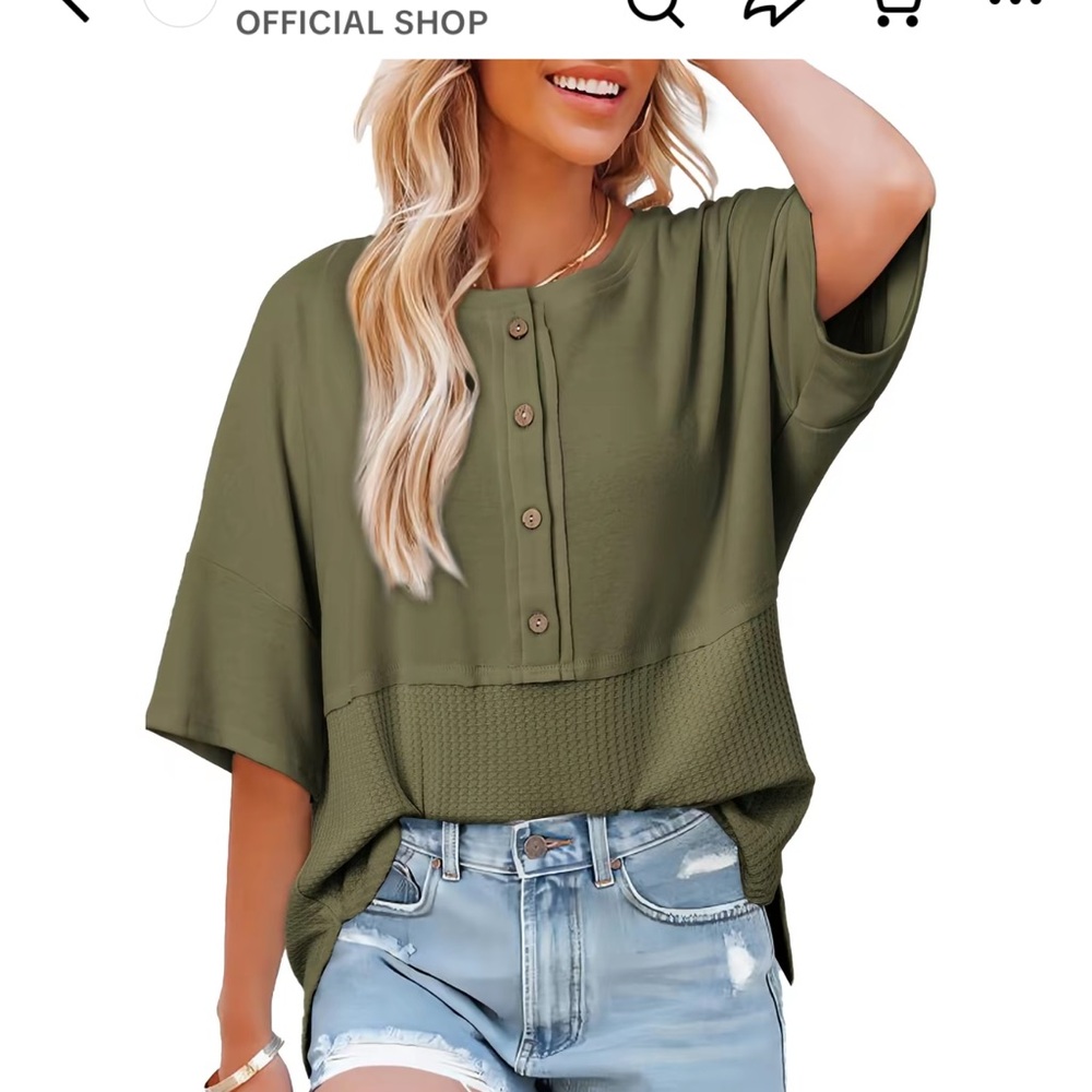 Green Button Down 3/4 Sleeve Polo Top